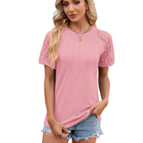 Solid Color Round Neck Top Women's Lace Hollow Design Short-Pink-3