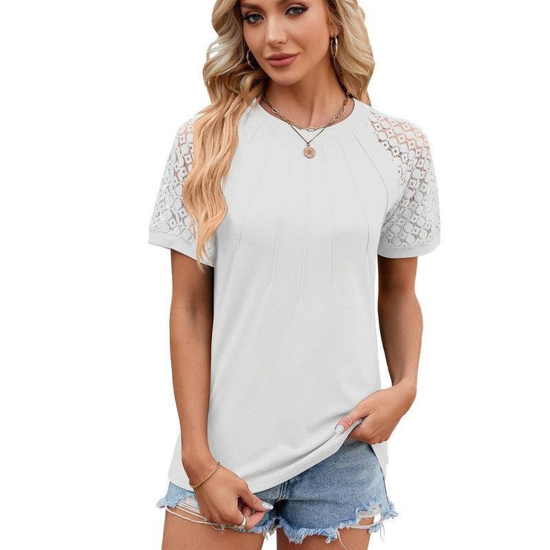 Solid Color Round Neck Top Women's Lace Hollow Design Short Sleeve T-Shirt Summer Womens Clothing-White-4