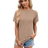 Solid Color Round Neck Top Women's Lace Hollow Design Short-Khaki-5