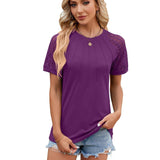 Solid Color Round Neck Top Women's Lace Hollow Design Short Sleeve T-Shirt Summer Womens Clothing-Purple-7