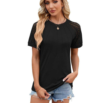 Solid Color Round Neck Top Women's Lace Hollow Design Short Sleeve T-Shirt Summer Womens Clothing-Black-9