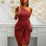 Solid Color Sleeveless Slanted Shoulder Irregular Tie Party-Winered-5