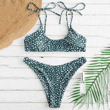 Solid color strap bikini split swimsuit-Green-2