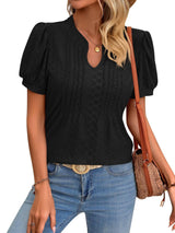 Solid Color V-neck Puff Short-sleeved T-shirt Fashion Summer-Black-2