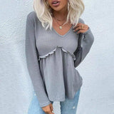 Solid Color V-Neck Ruffled Ribbed Knit Bottoming Shirt-1