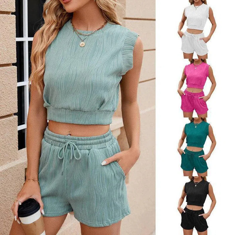 Solid Color Wave Pattern Design Suit For Women Casual Round Neck Sleeveless Top And Drawstring Design Shorts Fashion 2-piece Set Summer Clothing-1