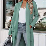 Solid Colour Long Cardigan Pocket Tweed Jacket-Green-5