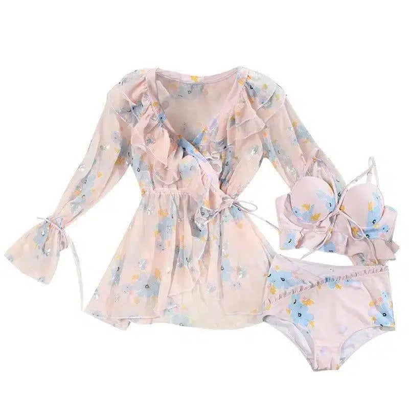 Split chiffon blouse swimsuit-Pink-2