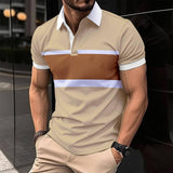 Striped Printed Men's Casual Polo Shirt-Khaki-2