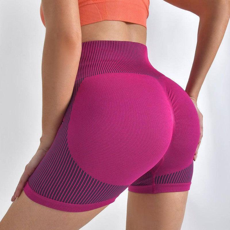 Striped Yoga Shorts High Waist Hip-lifting Tight Pants For Women Running Fitness Sports Leggings-Pink-5