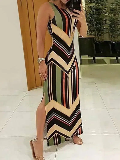 Colorful Striped Print Side Slit Maxi Dress Women-2