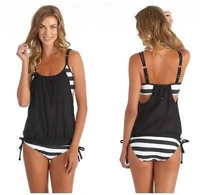 Summer Two-Pieces Swimsuit Women Stripes Double Up Tankini Swim Suit Bikinis Maillot De Bain Brazilian Biquinis Mujer-Black-4