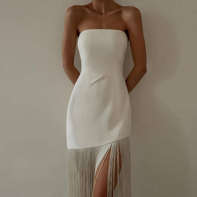 Summer Chic: New Tassel Strapless Split Dress for Women-White-5