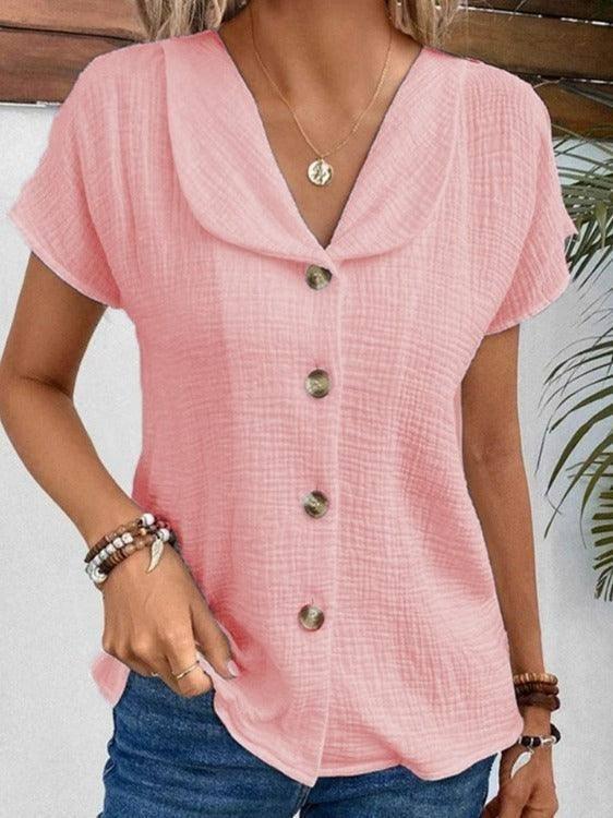 Summer Solid Color Fashion Short-sleeved Cardigan Button-Peach-7