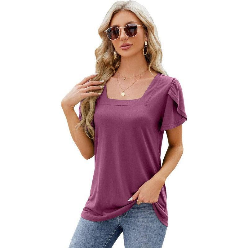 Summer Top Fashion Square Neck Printed Short-sleeved T-shirt With Petal Sleeve Design Bohemian Beach Loose T-shirt For Womens Clothing-Purple Red-13