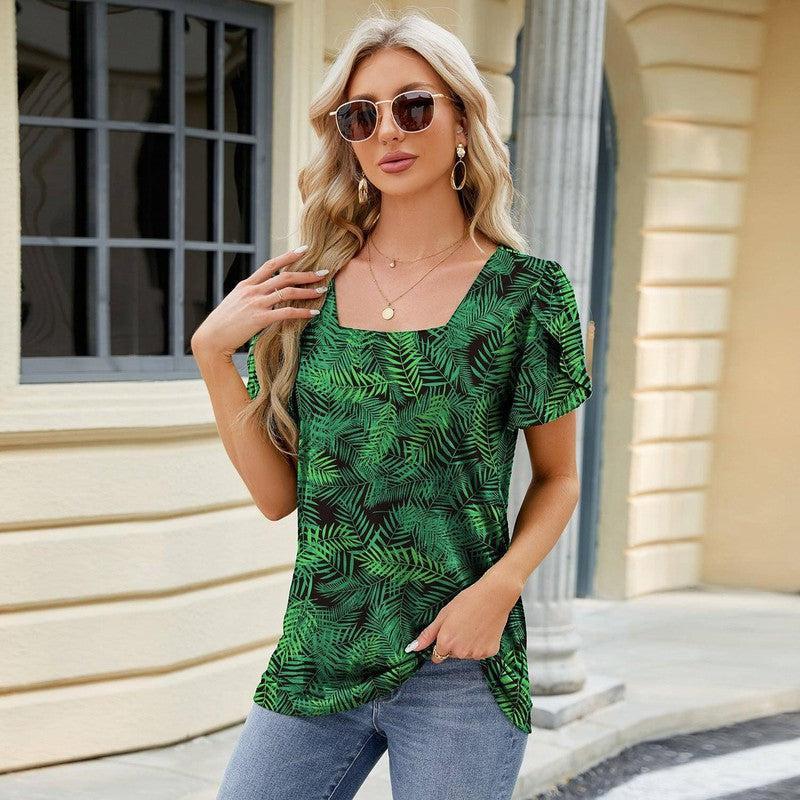 Summer Top Fashion Square Neck Printed Short-sleeved T-shirt With Petal Sleeve Design Bohemian Beach Loose T-shirt For Womens Clothing-Leaves Flower-2