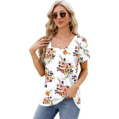 Summer Top Fashion Square Neck Printed Short-sleeved T-shirt With Petal Sleeve Design Bohemian Beach Loose T-shirt For Womens Clothing-White Flower-7