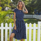 Summer Women Polka Dot Short Sleeve Dress Casual Bandage-Blue-8