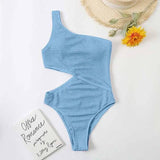 Swimsuit Womens One Piece Bikini Solid Color One Shoulder-Blue-7