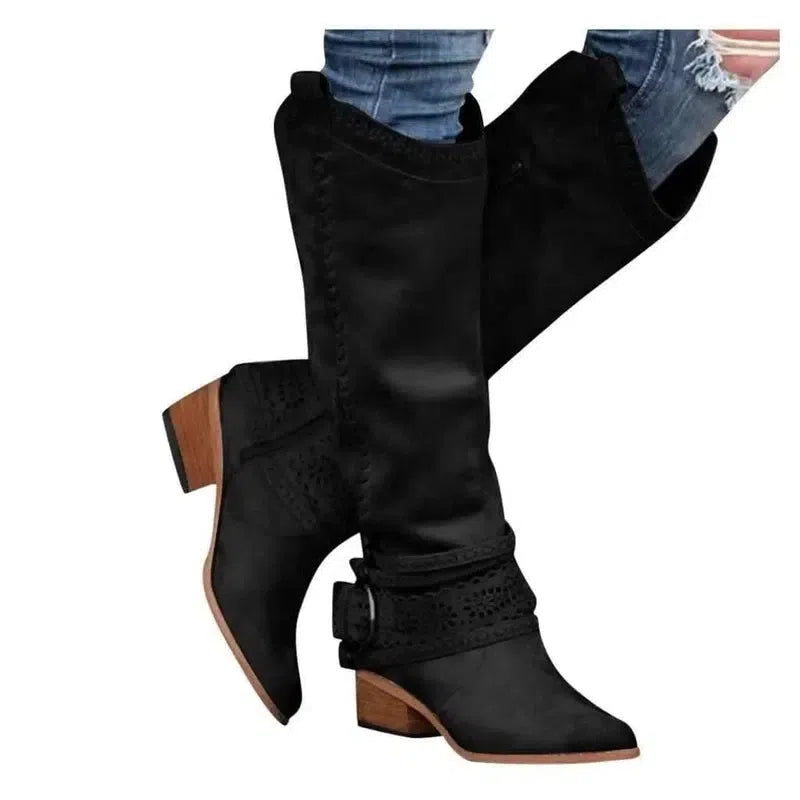 Thick-heeled Lace Belt Buckle Boots Plus Size Women-Black-2