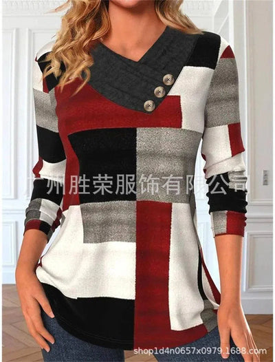 Three-button V-collar Contrast Color Long-sleeved Sweater-Red-13