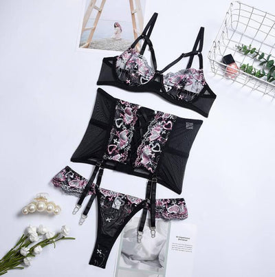 Three Pieces Female Sexy Lingerie Love Embroidery Girdle-Black-7