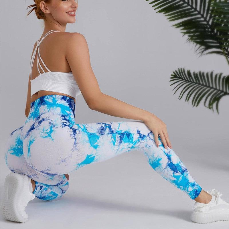 Tie-dye Printed Yoga Pants Fashion Seamless High-waisted-Blue Pink-11