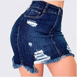 Plus Size Ripped Holes Bodycon Mini Denim Skirts 4XL 5XL Summer Ladies Tassel Short Pencil Skirts Wrap Jeans Skirt-3