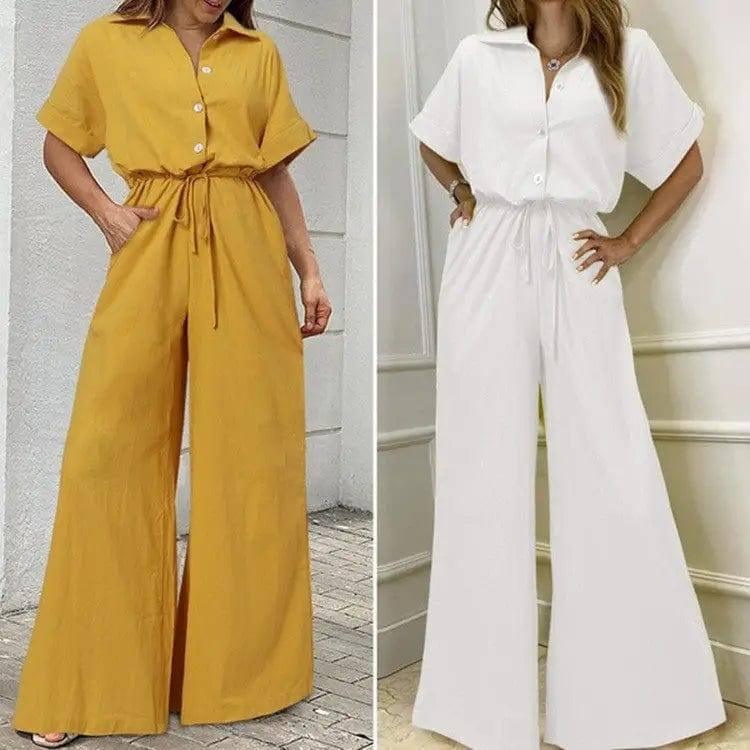 Turnover Collar High Waist Wide Leg Jumpsuit Work Suit-4