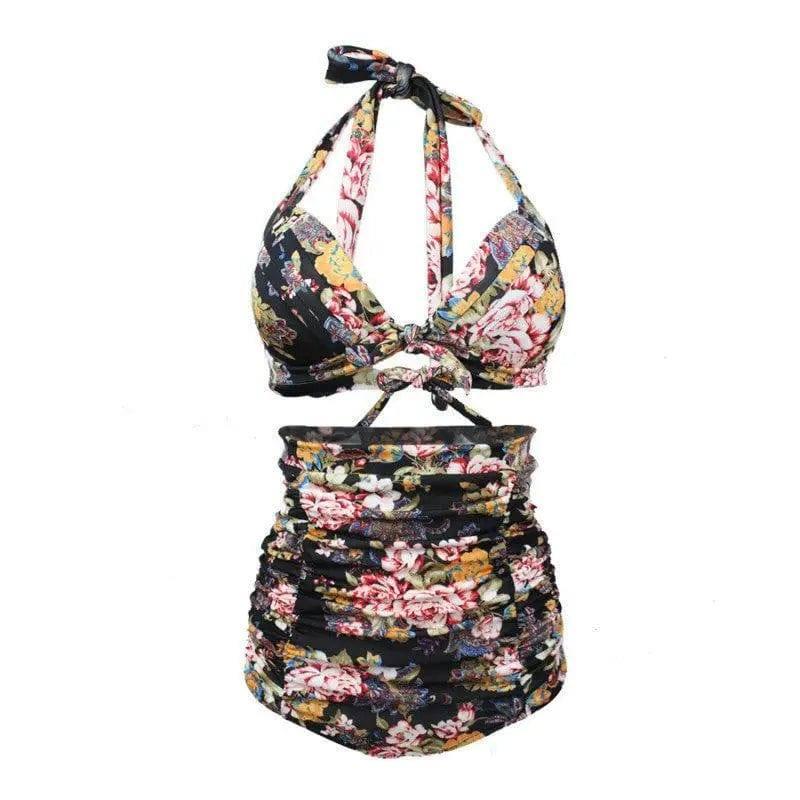 Two Piece Printed Bikini Swimsuit Retro-Black-2