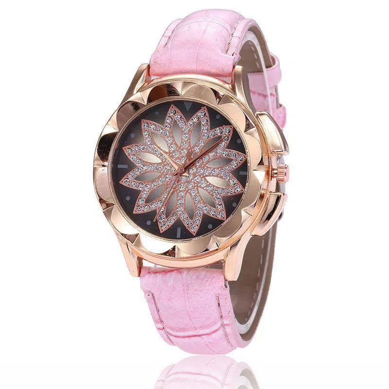 Rhinestone cross ladies belt watch foreign trade explosion models rose gold large dial lucky quartz watch-6