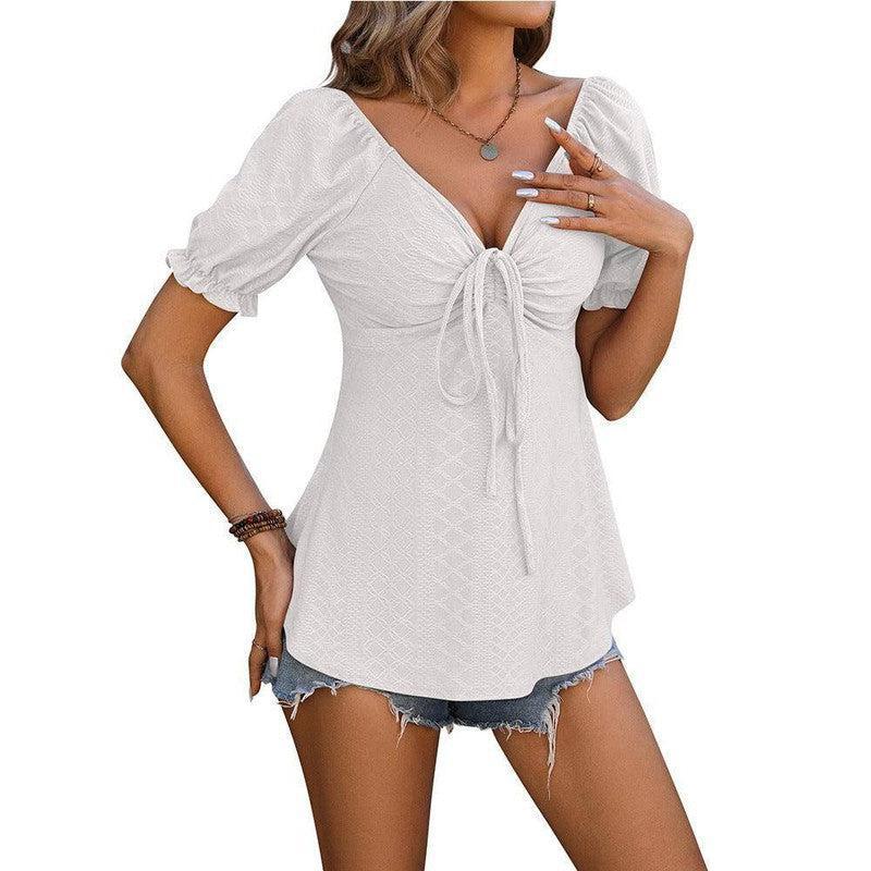 V-neck Drawstring Design Short-sleeved Top Summer Solid Color T-shirt Womens Clothing-White-4