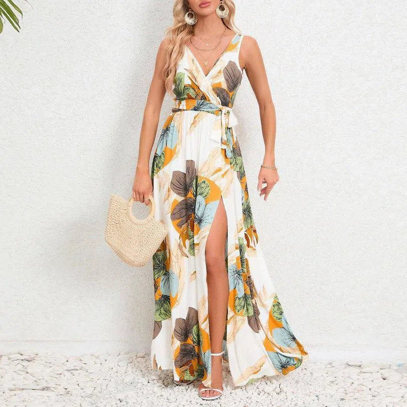 V-neck Floral Print Long Dress Summer Fashion Waist Tie Slit Design Sleeveless Dress For Womens Clothing-7