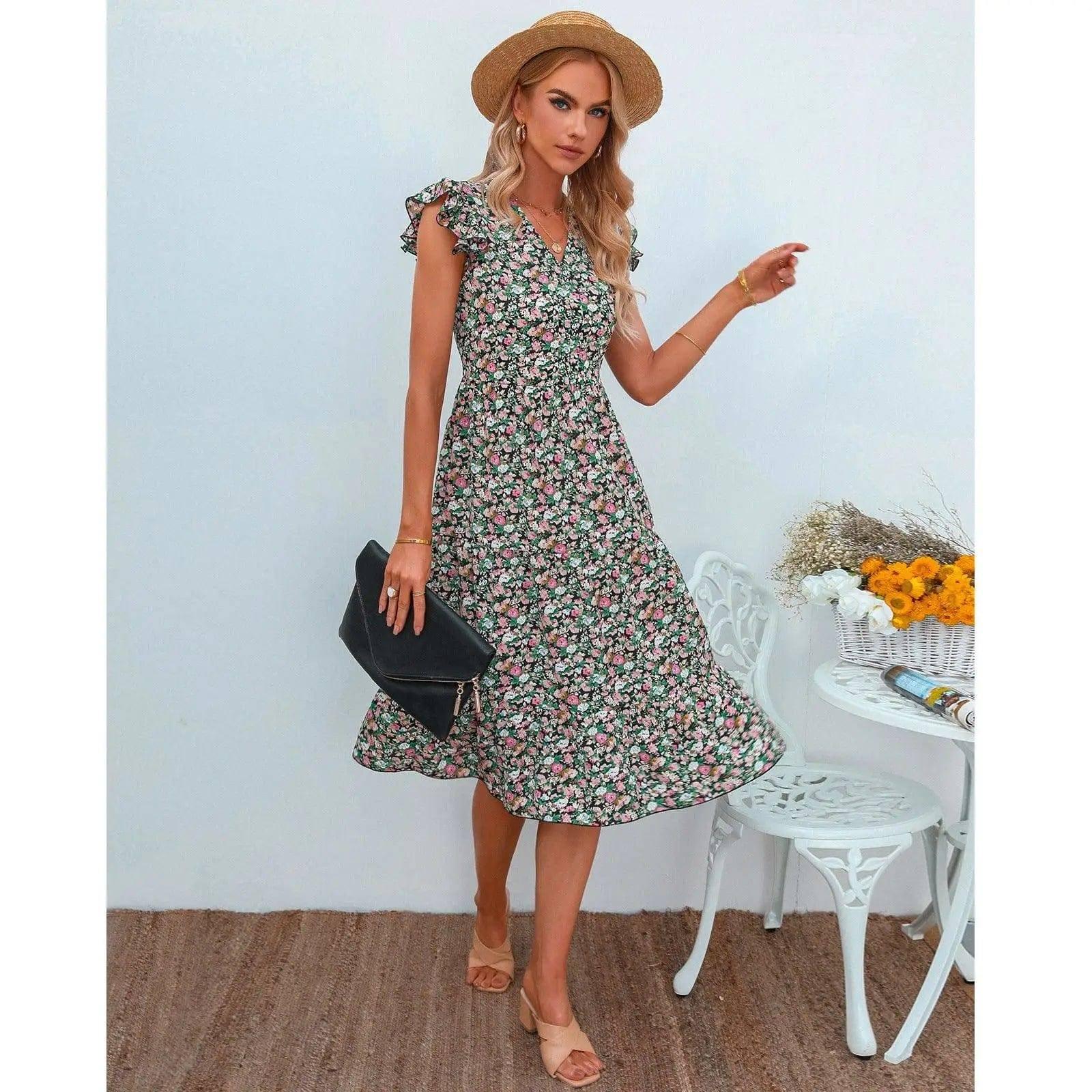 V-neck Fly-sleeve Floral Dress Long Dress-Rosered-2