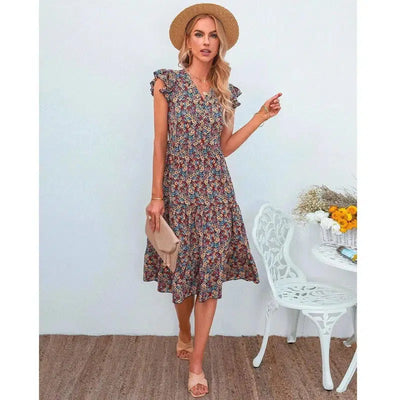 V-neck Fly-sleeve Floral Dress Long Dress-Orange-4