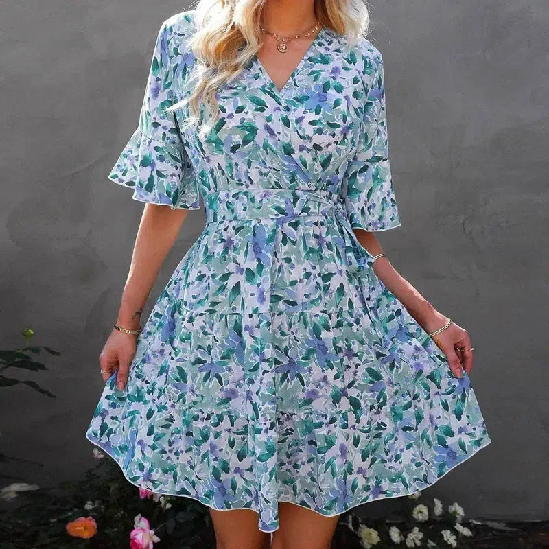 V-neck Short-sleeved Ruffled Floral Dress-Blueflowerongreen-1