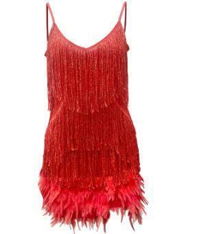 V-neck Strap Feather Stitching Dress-Red-10