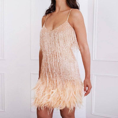 V-neck Strap Feather Stitching Dress-Beige-6