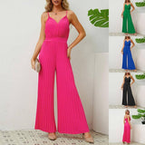 V-neck Suspender Pleated Jumpsuit Solid Color Loose Straight-1