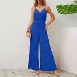 V-neck Suspender Pleated Jumpsuit Solid Color Loose Straight Pants Womens Clothing-Blue-8