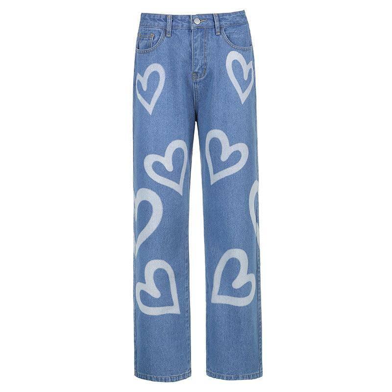 Wide-leg Jeans Women's Love Print Straight Loose Light Blue / 2XL-Light Blue-4