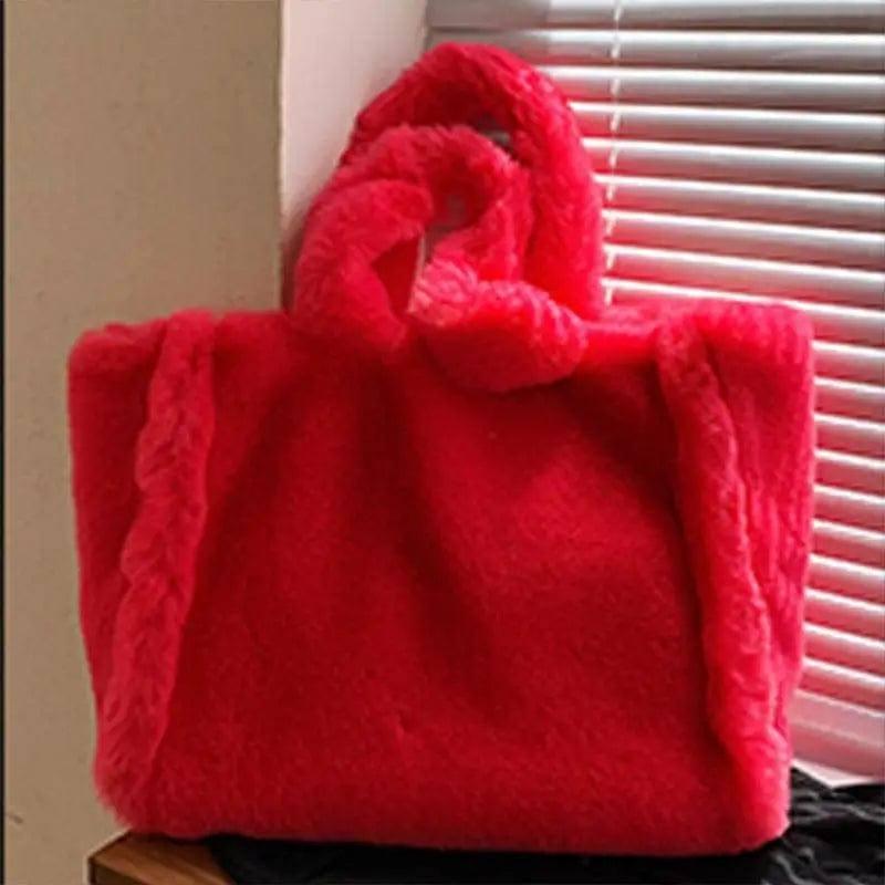 Winter Bags Chain Plush Handbag Totes Women Shoulder Bag-Rose red-5