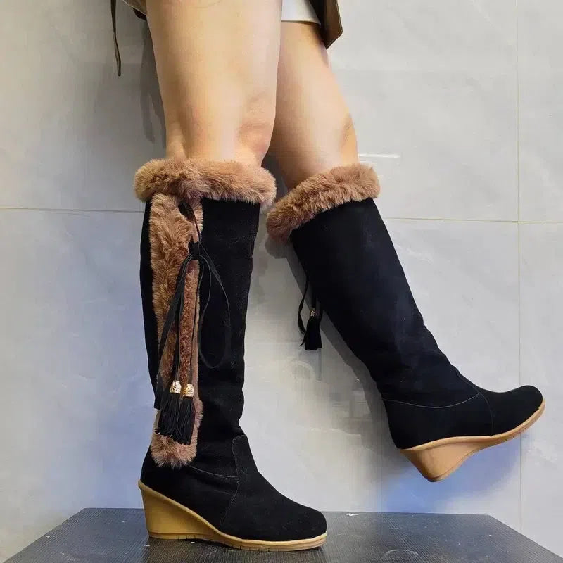 Winter Plush Long Boots For Women Combat Boots Wedges Shoes-4