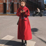 Winter Women's British Style Hooded Red Cotton Long Coat-Red-1