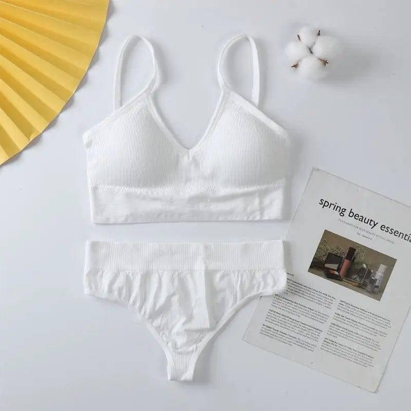 Women Bra Panties Set Push Up Sports Bra Set G-String-White-1