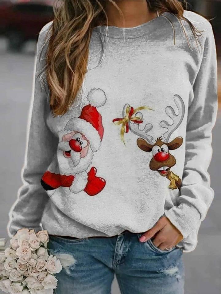 Women Loose Christmas Print Fleece Sweater-4