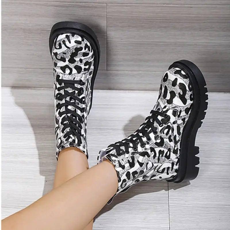 Women Martin Boots Black White Leopard Print Low Heel Shoes-6