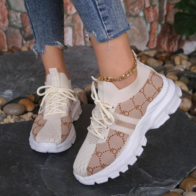 Women's Breathable Canvas Sneakers Lace Up Flat Shoes Fashion Casual Lightweight Running Sports Shoes-Light Brown-4