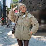 Women's Cotton-padded Coat Stitching Lamb Wool Waist-Army Coffee Color-6