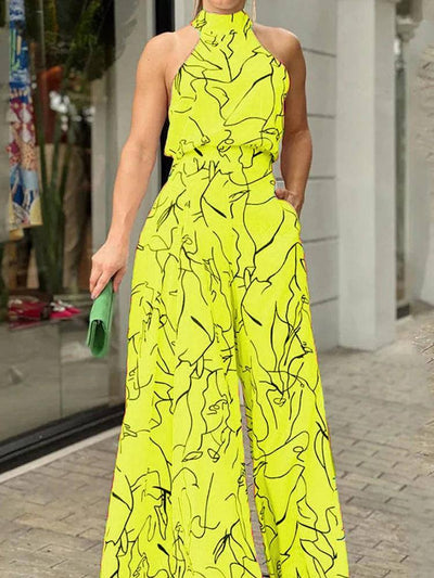 Women's Elegant Waist Halter Jumpsuit Casual Print Tie-Yellow-11